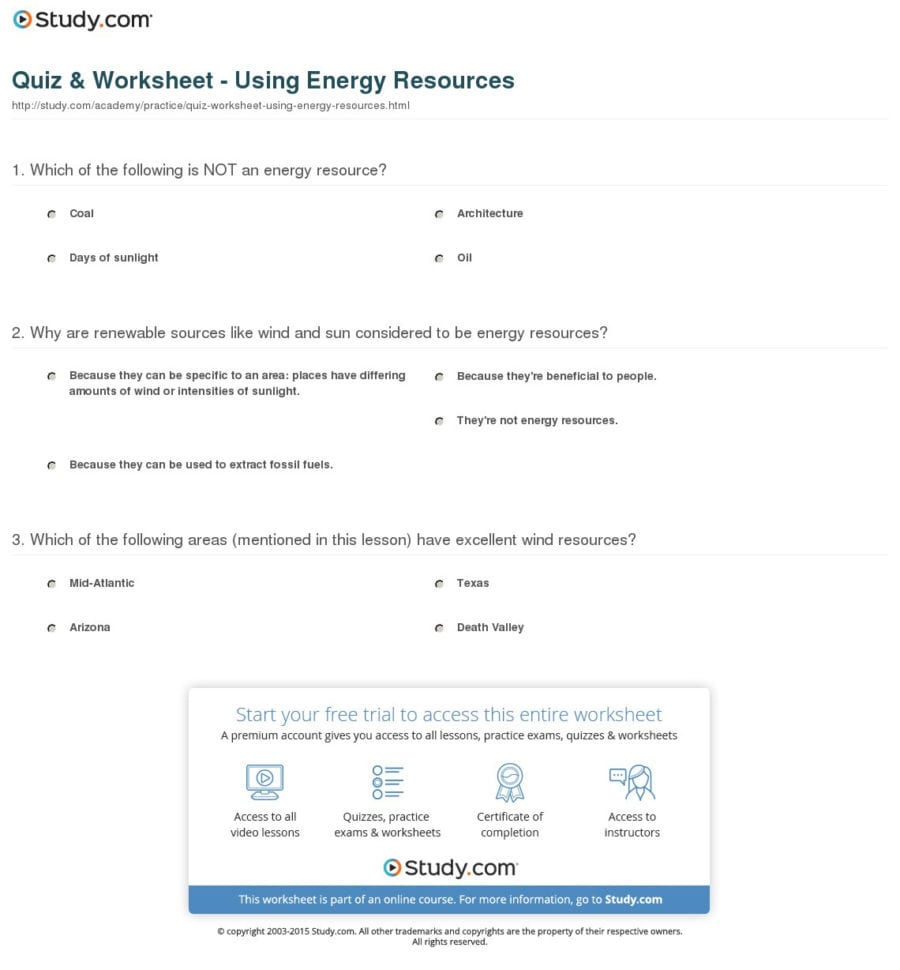 Quiz  Worksheet  Using Energy Resources  Study