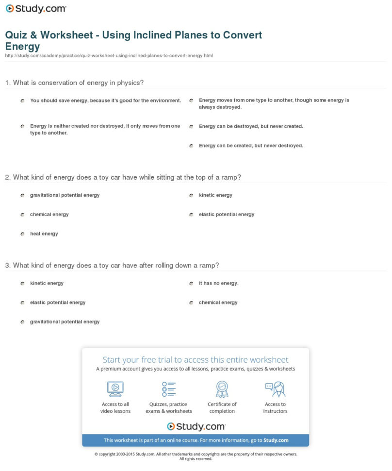 Quiz  Worksheet  Using Inclined Planes To Convert Energy