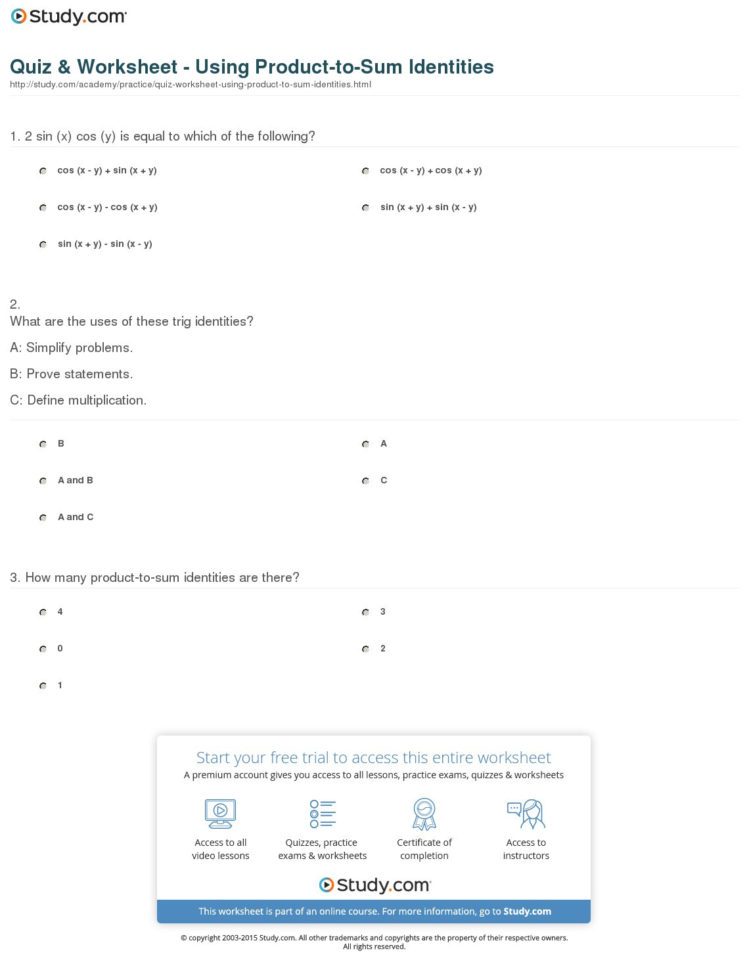 Quiz  Worksheet  Using Producttosum Identities  Study