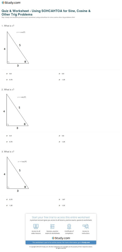 Quiz  Worksheet  Using Sohcahtoa For Sine Cosine  Other