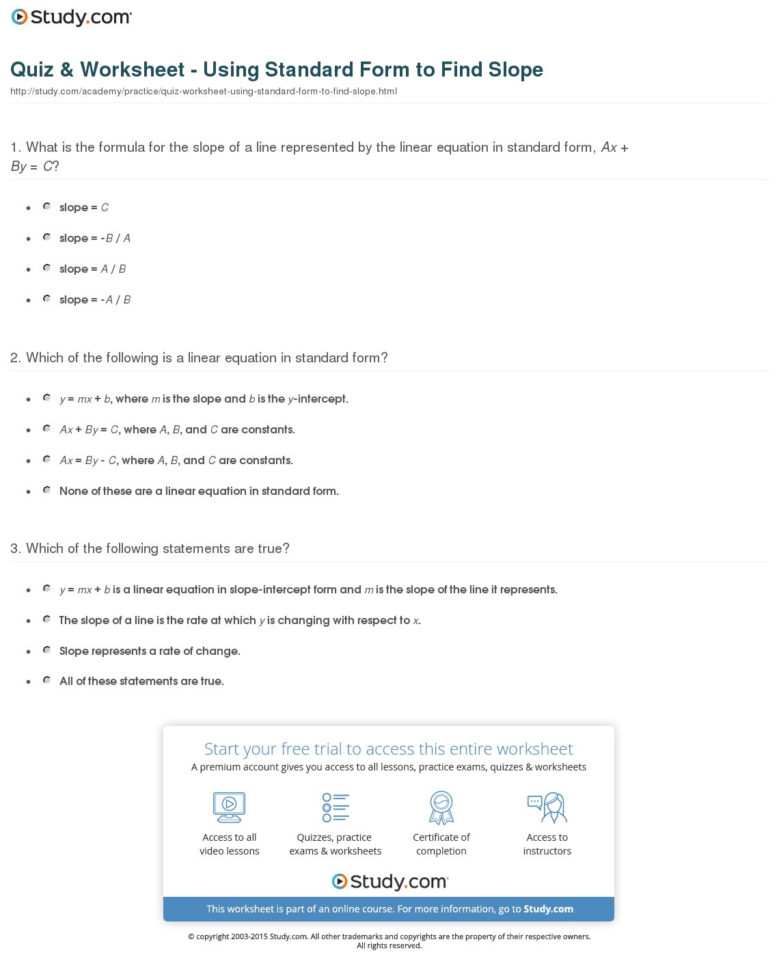 Quiz  Worksheet  Using Standard Form To Find Slope  Study