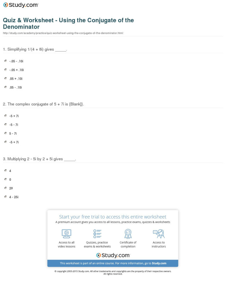 Quiz  Worksheet  Using The Conjugate Of The Denominator