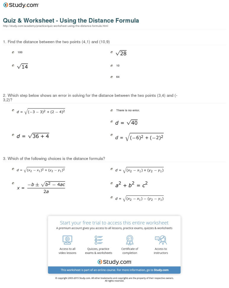 Quiz  Worksheet  Using The Distance Formula  Study