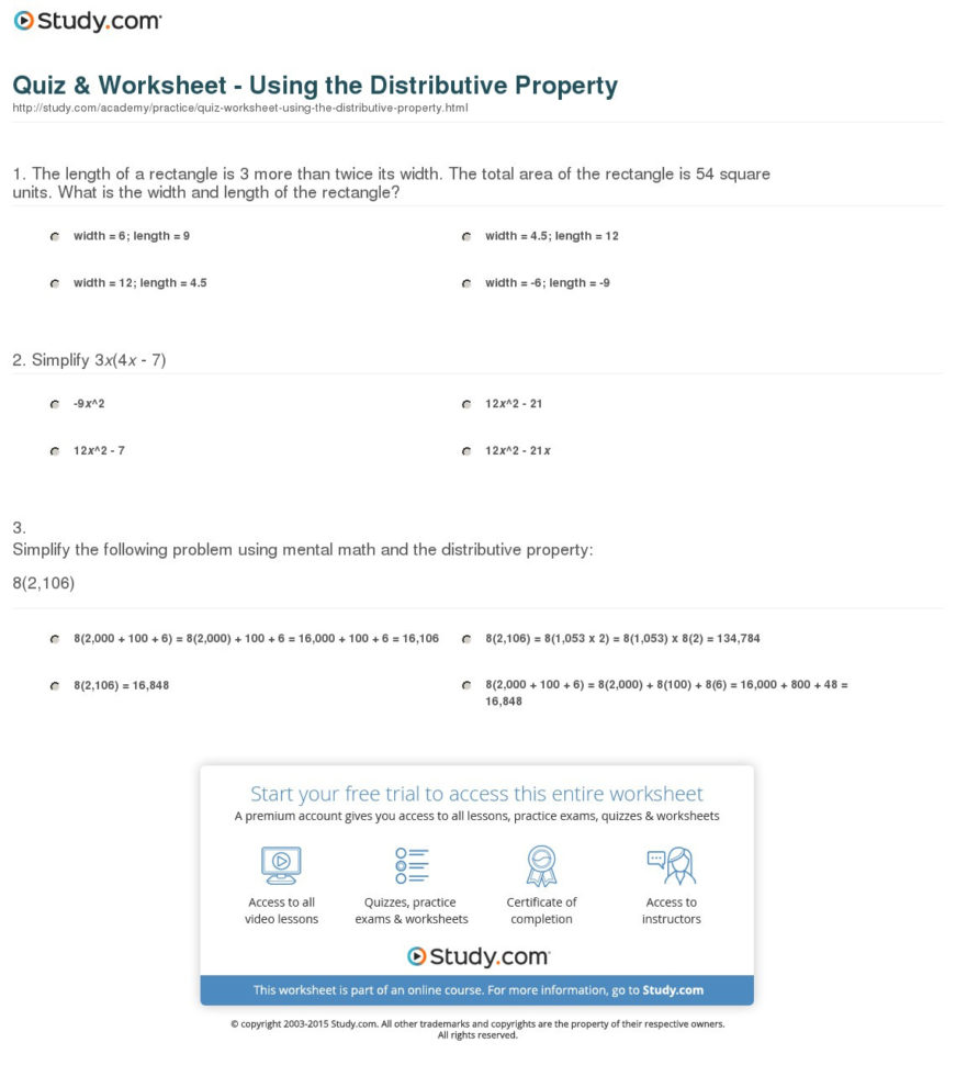 Quiz  Worksheet  Using The Distributive Property  Study
