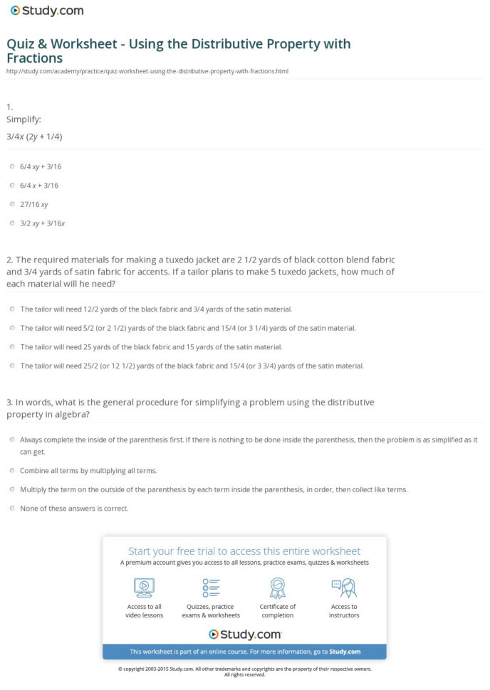Quiz  Worksheet  Using The Distributive Property With