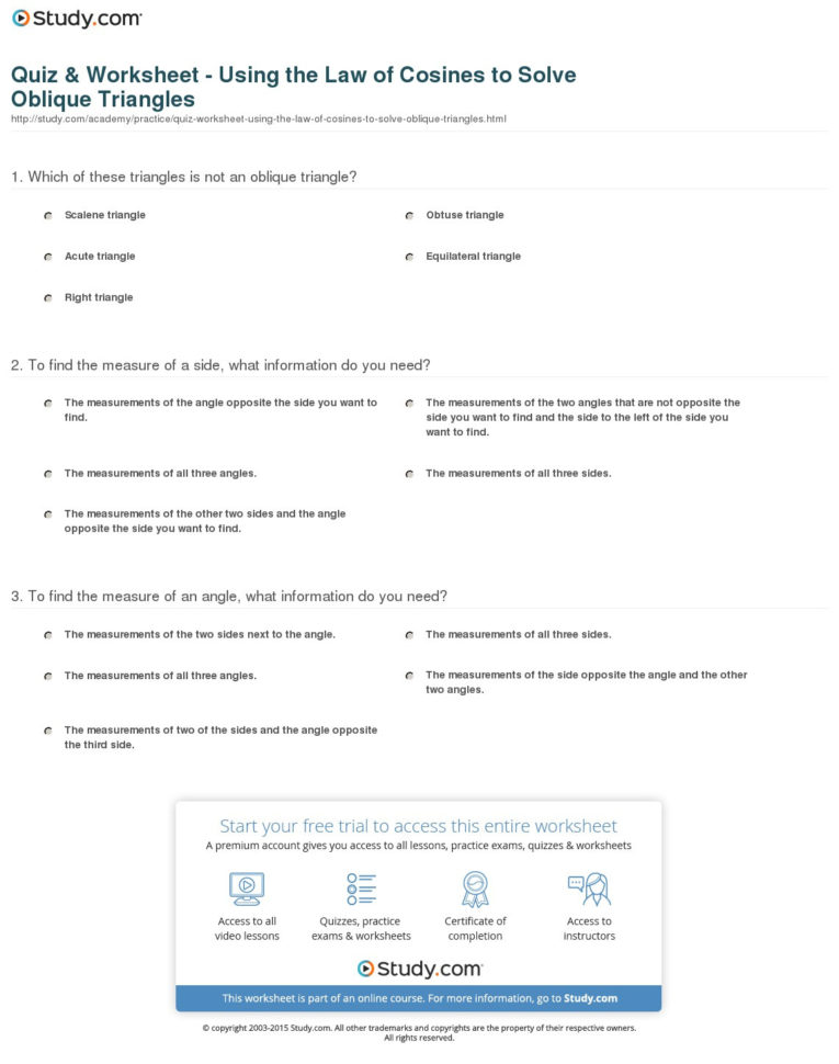 Quiz  Worksheet  Using The Law Of Cosines To Solve Oblique