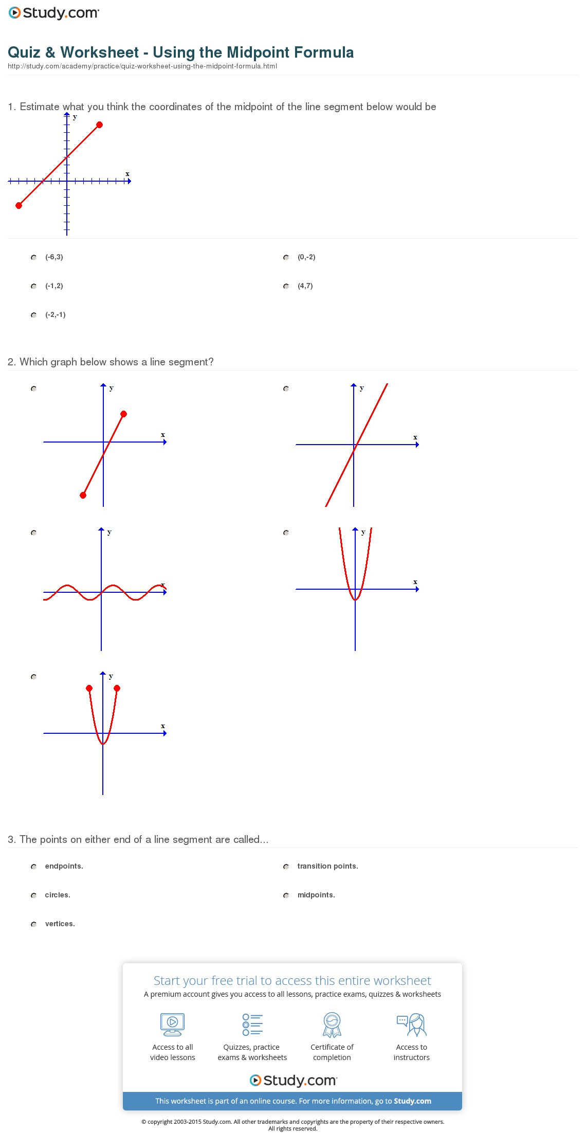 Quiz  Worksheet  Using The Midpoint Formula  Study