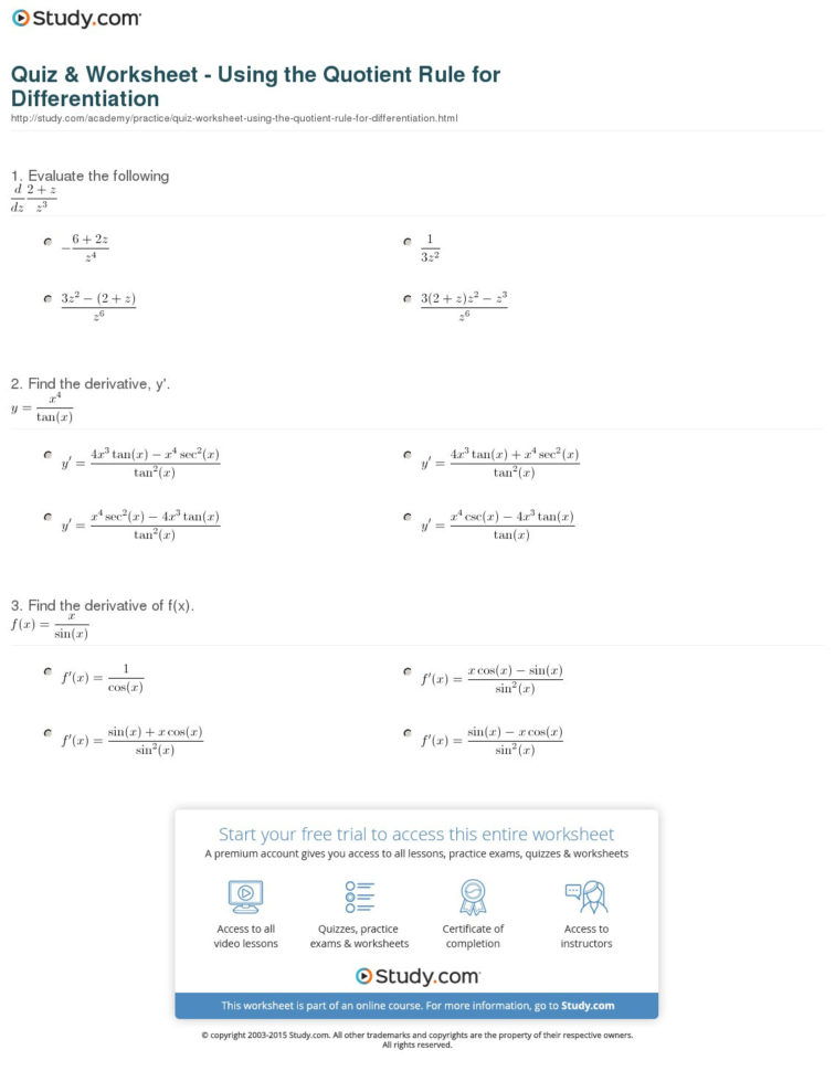 Quiz  Worksheet  Using The Quotient Rule For
