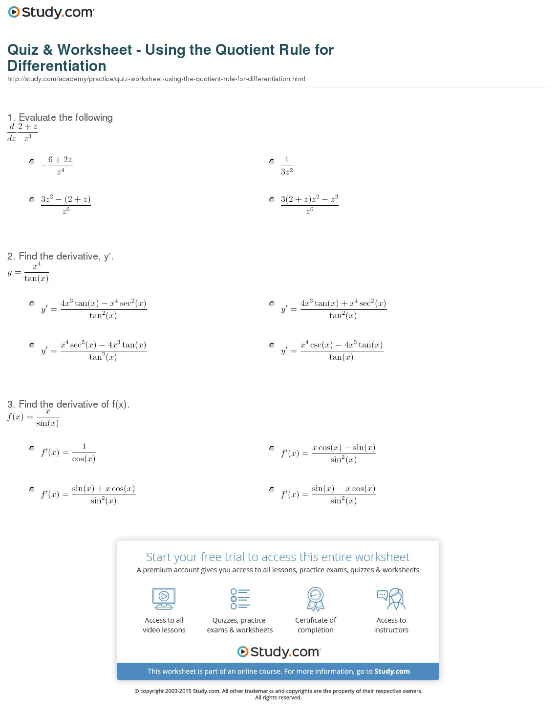 Product And Quotient Rule Worksheet