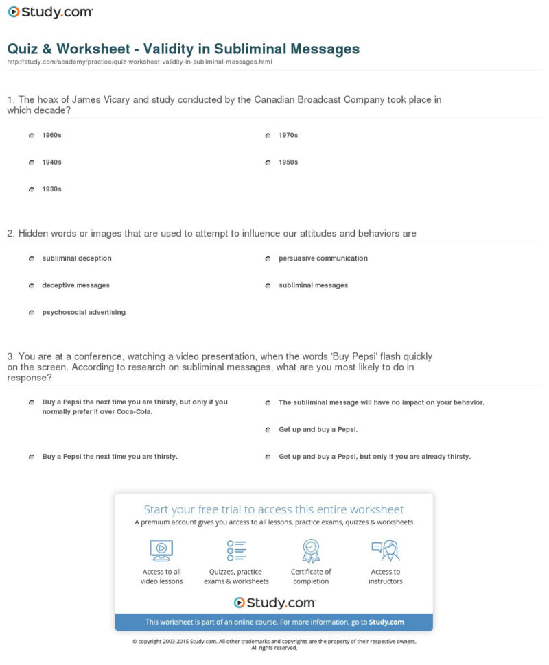 Quiz  Worksheet  Validity In Subliminal Messages  Study