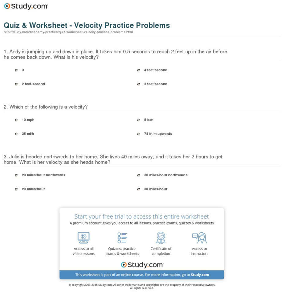 Quiz  Worksheet  Velocity Practice Problems  Study