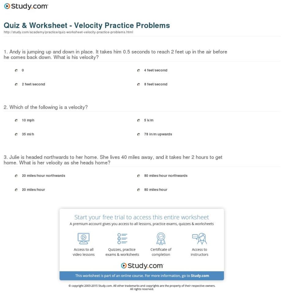 Quiz  Worksheet  Velocity Practice Problems  Study