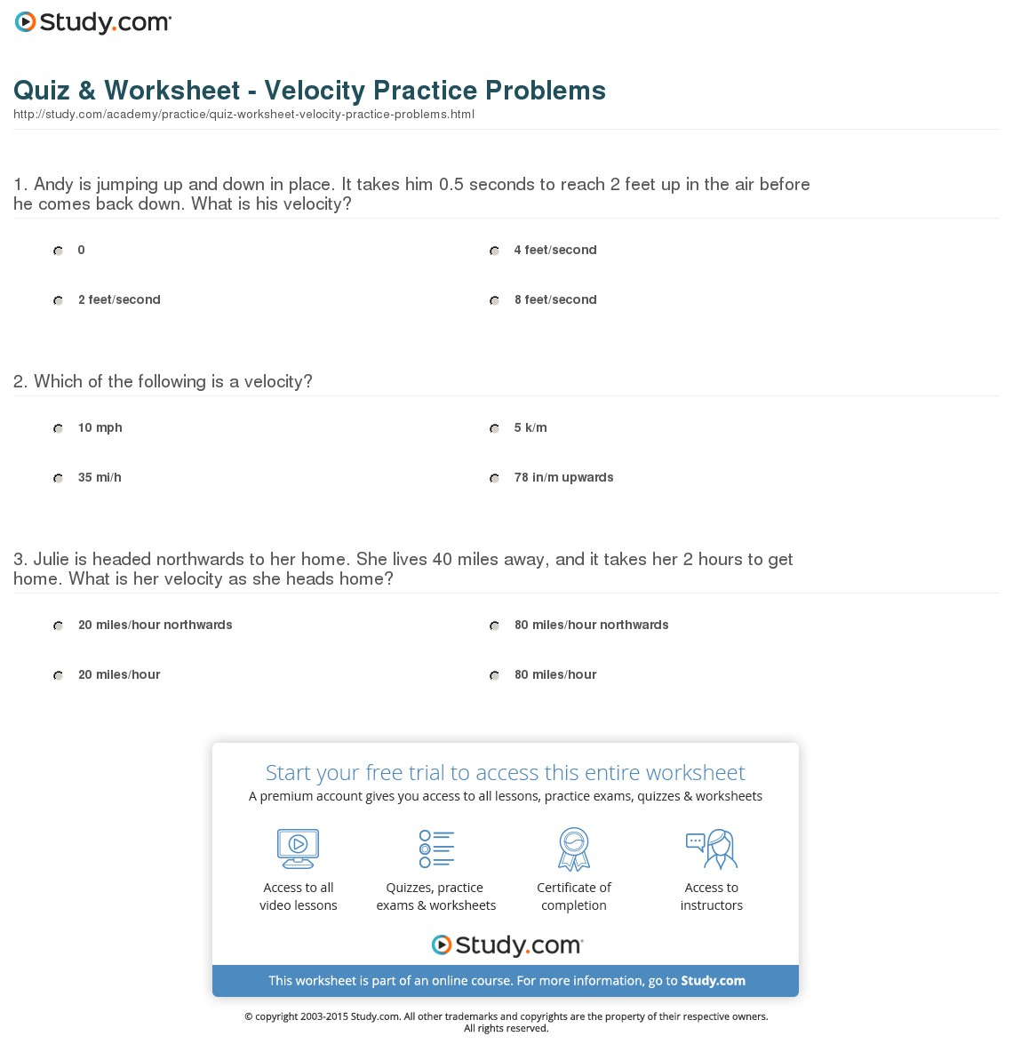 Math Skills Velocity Worksheet Answers