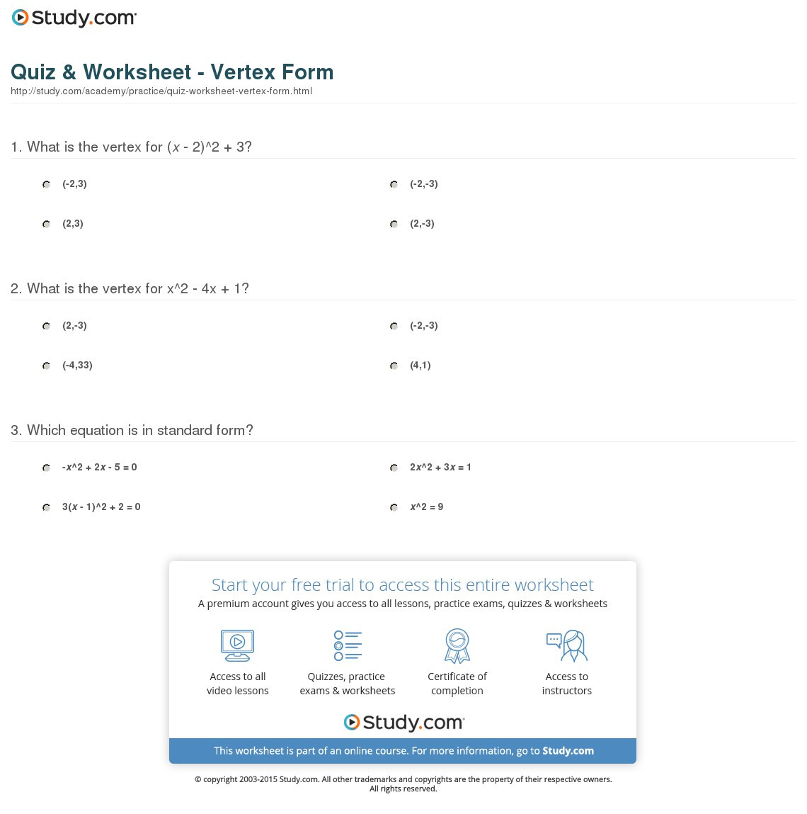 Quiz  Worksheet  Vertex Form  Study