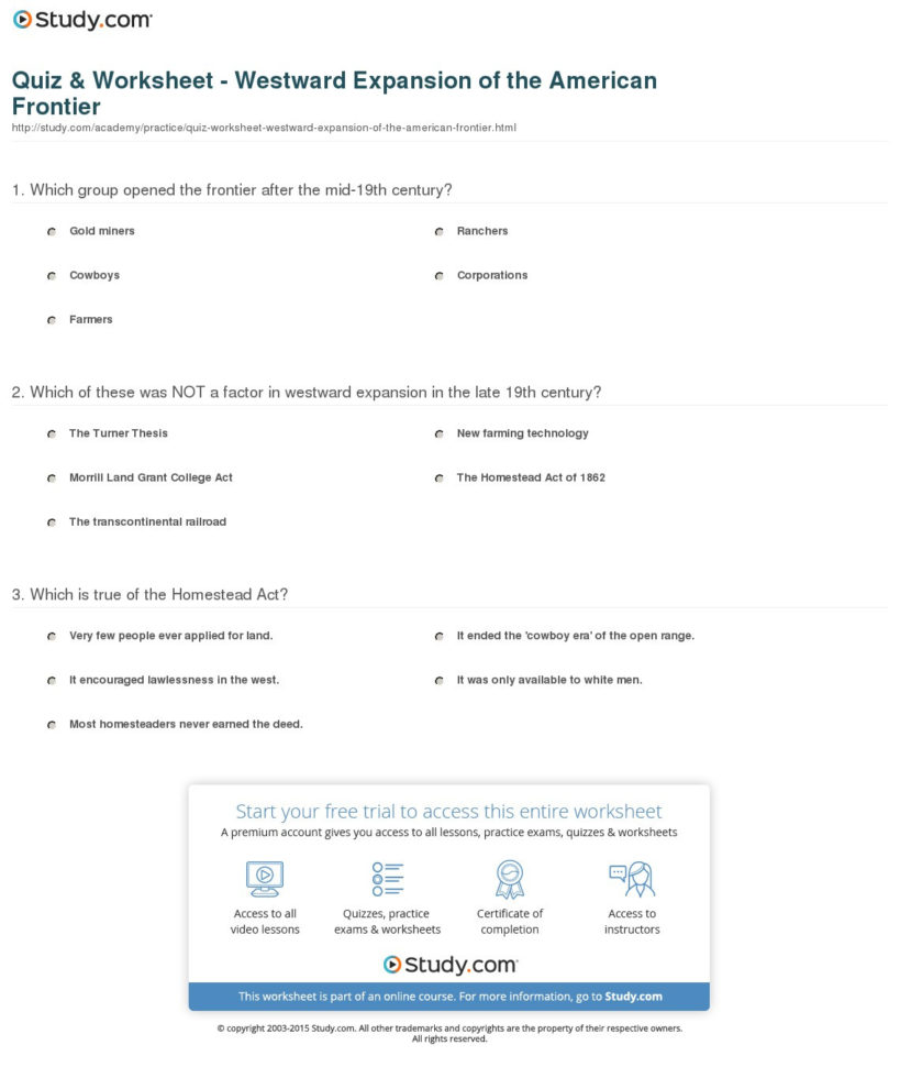Quiz  Worksheet  Westrd Expansion Of The American