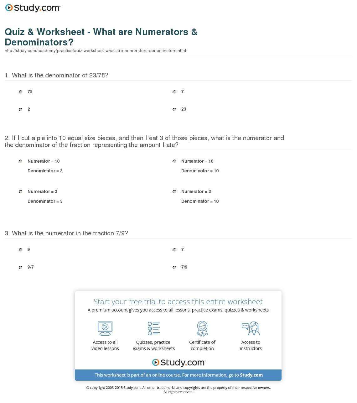 Quiz  Worksheet  What Are Numerators  Denominators