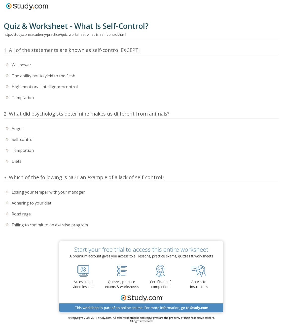 Quiz  Worksheet  What Is Selfcontrol  Study