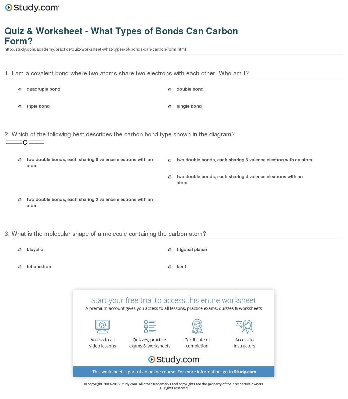 Quiz  Worksheet  What Types Of Bonds Can Carbon Form