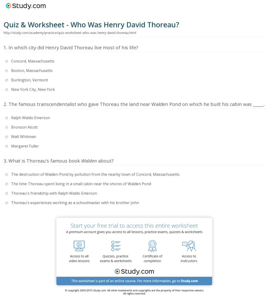 Quiz  Worksheet  Who S Henry David Thoreau  Study