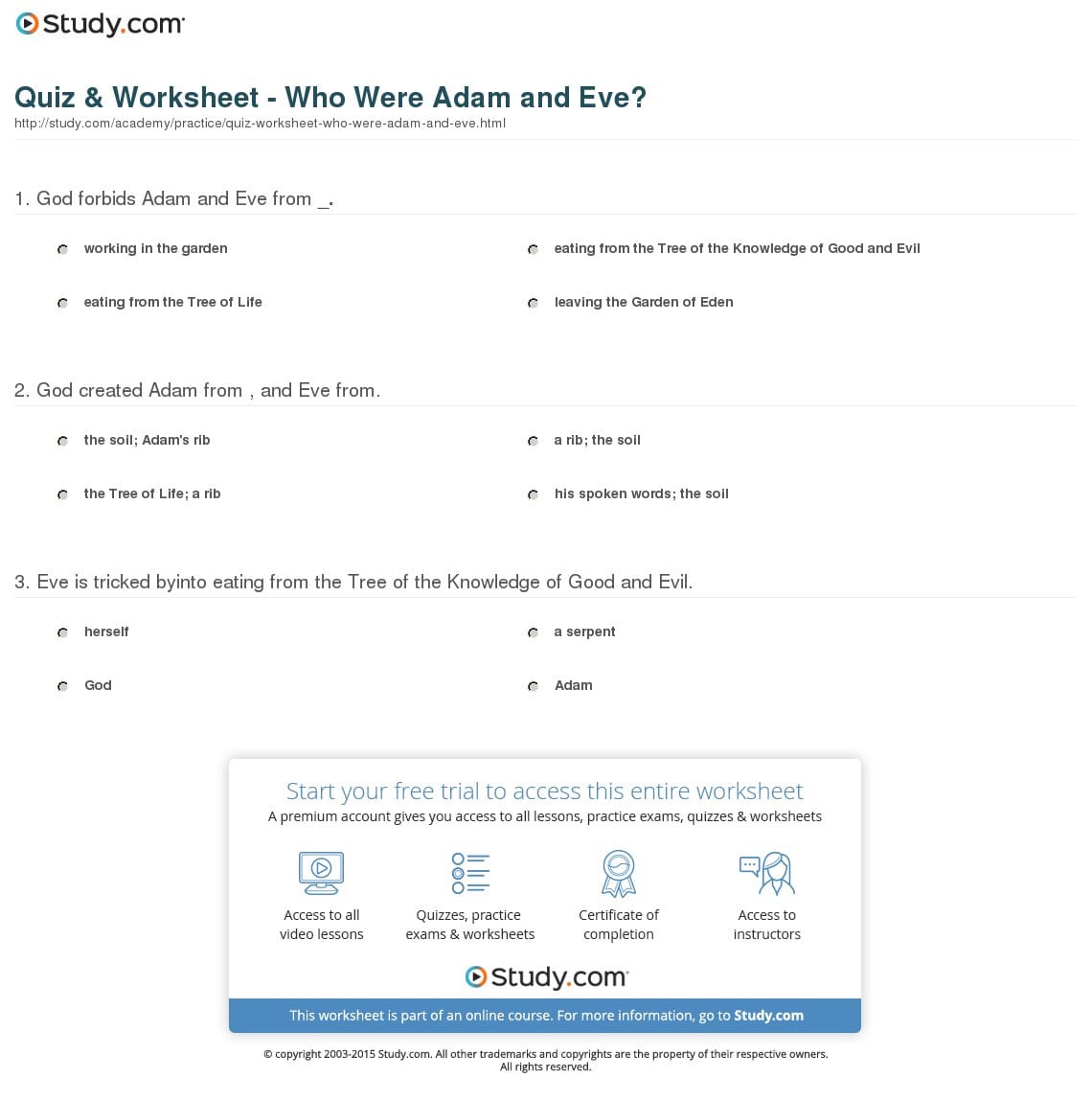 Quiz  Worksheet  Who Were Adam And Eve  Study