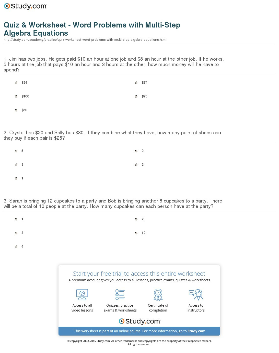 Quiz  Worksheet  Word Problems With Multistep Algebra