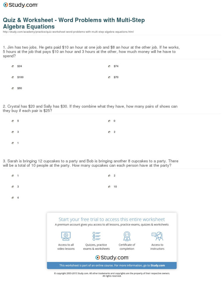 Quiz  Worksheet  Word Problems With Multistep Algebra