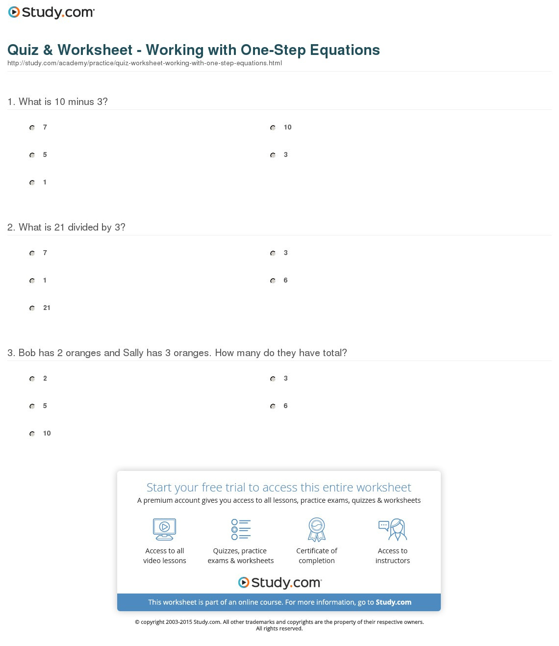Quiz  Worksheet  Working With Onestep Equations  Study