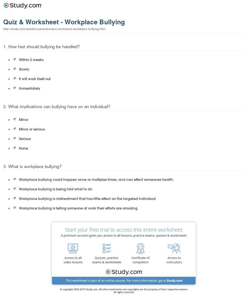Quiz  Worksheet  Workplace Bullying  Study