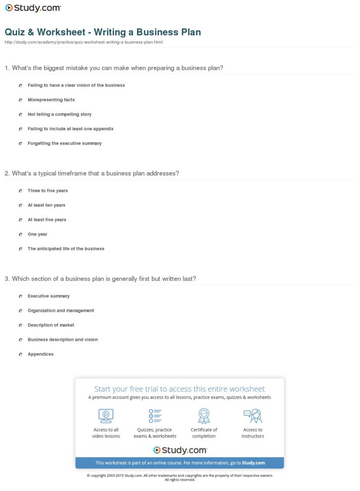 Quiz  Worksheet  Writing A Business Plan  Study