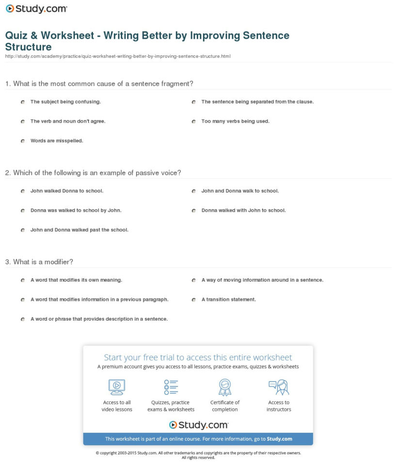 Quiz  Worksheet  Writing Betterimproving Sentence