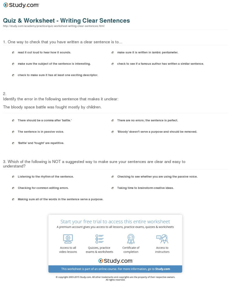 Quiz  Worksheet  Writing Clear Sentences  Study