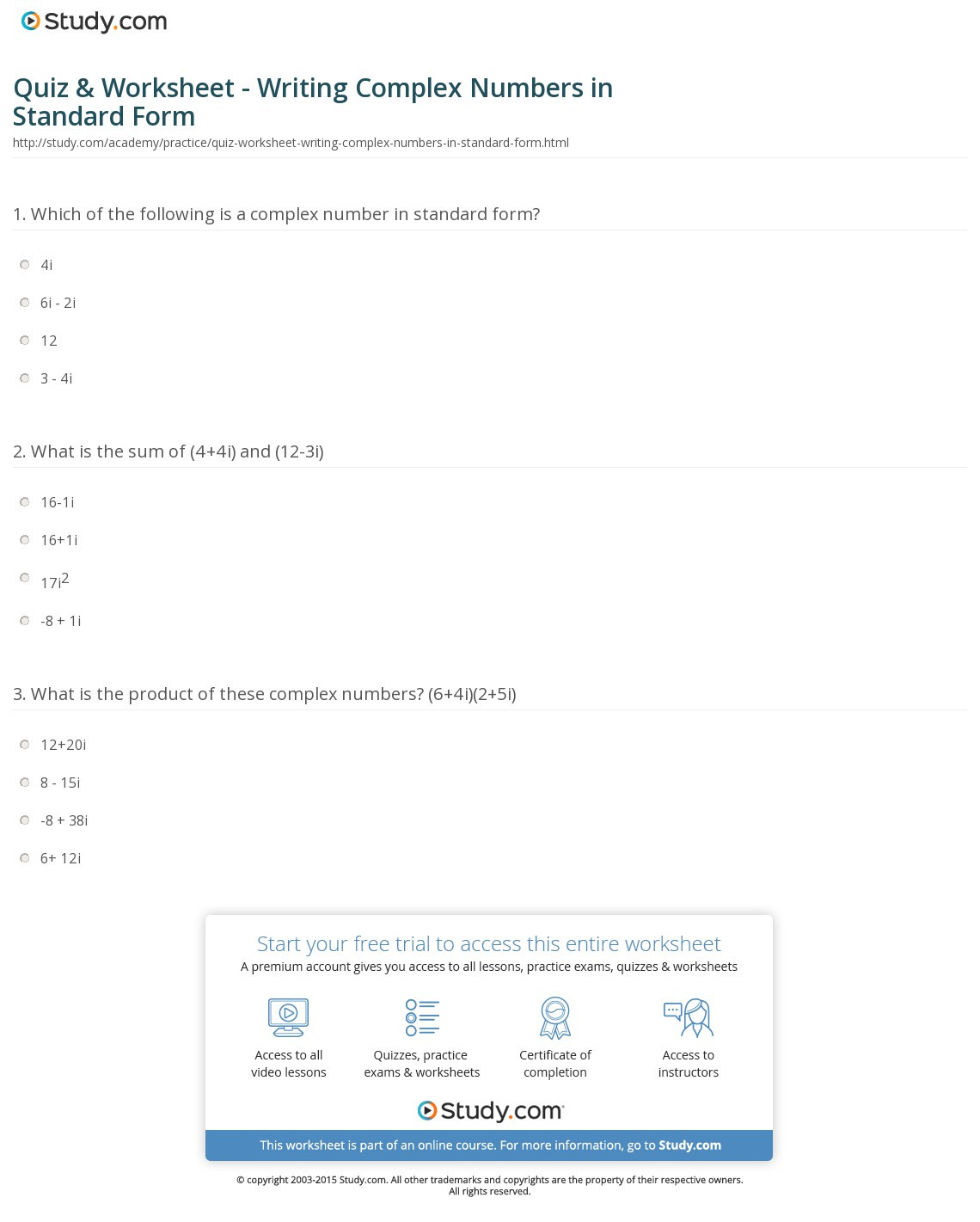 Quiz  Worksheet  Writing Complex Numbers In Standard Form