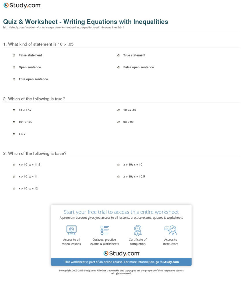 Quiz  Worksheet  Writing Equations With Inequalities  Study