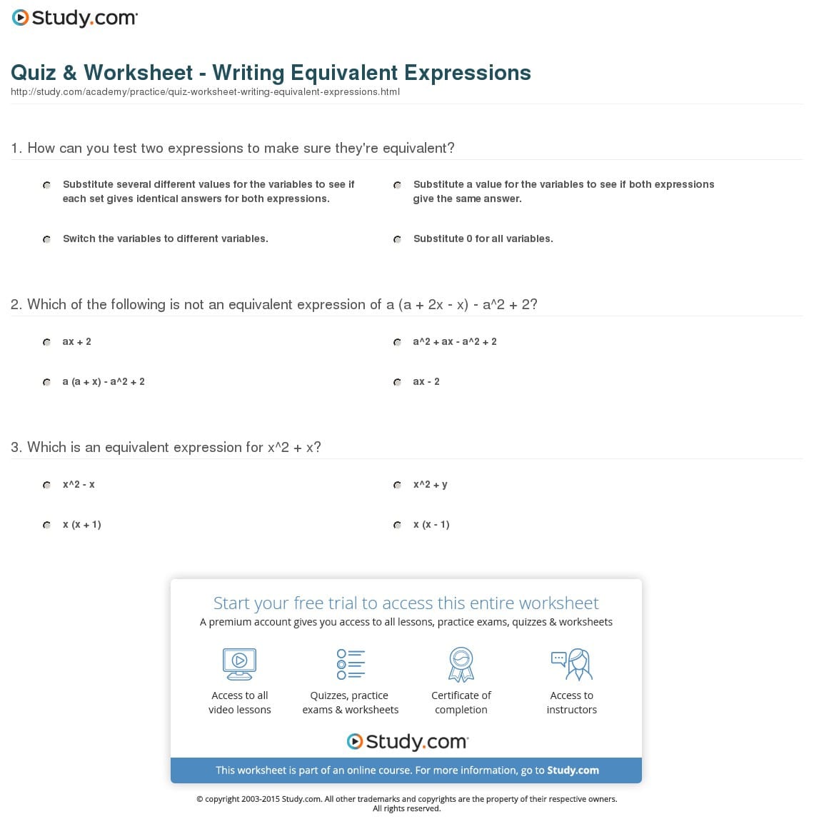 Quiz  Worksheet  Writing Equivalent Expressions  Study