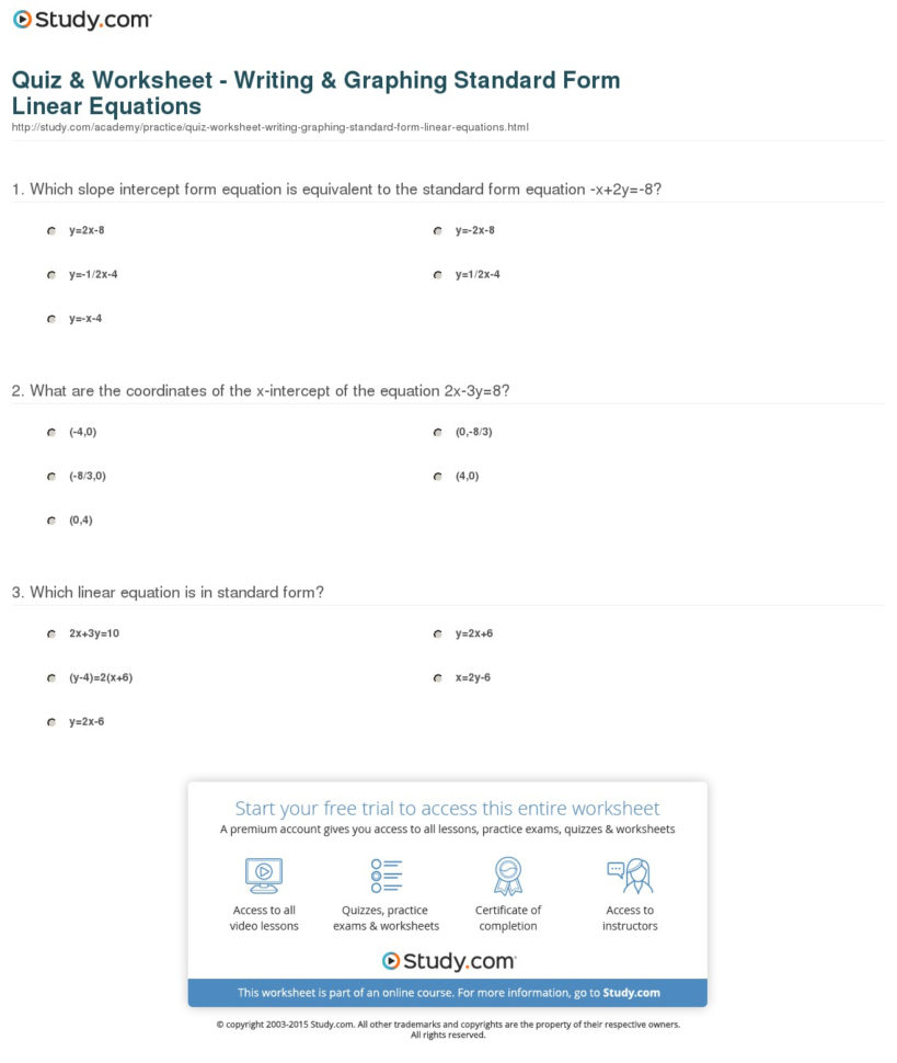 Quiz  Worksheet  Writing  Graphing Standard Form Linear