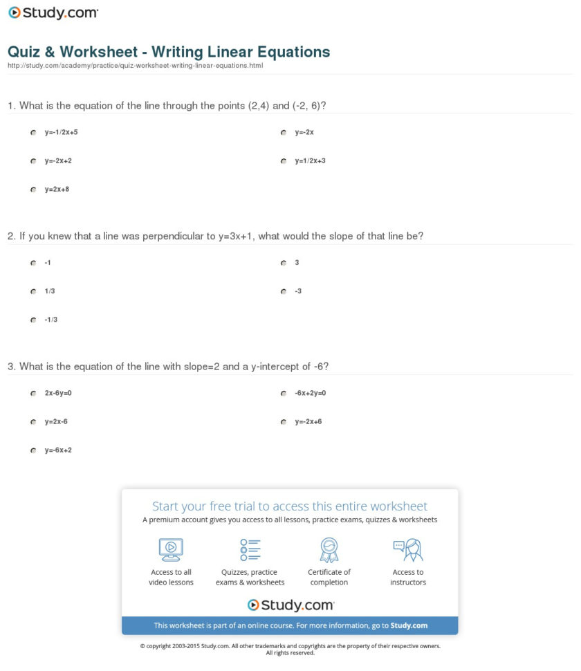 Quiz  Worksheet  Writing Linear Equations  Study