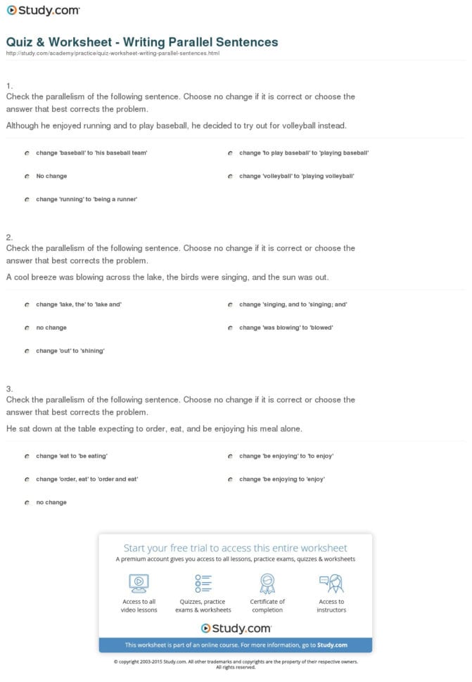 Quiz  Worksheet  Writing Parallel Sentences  Study