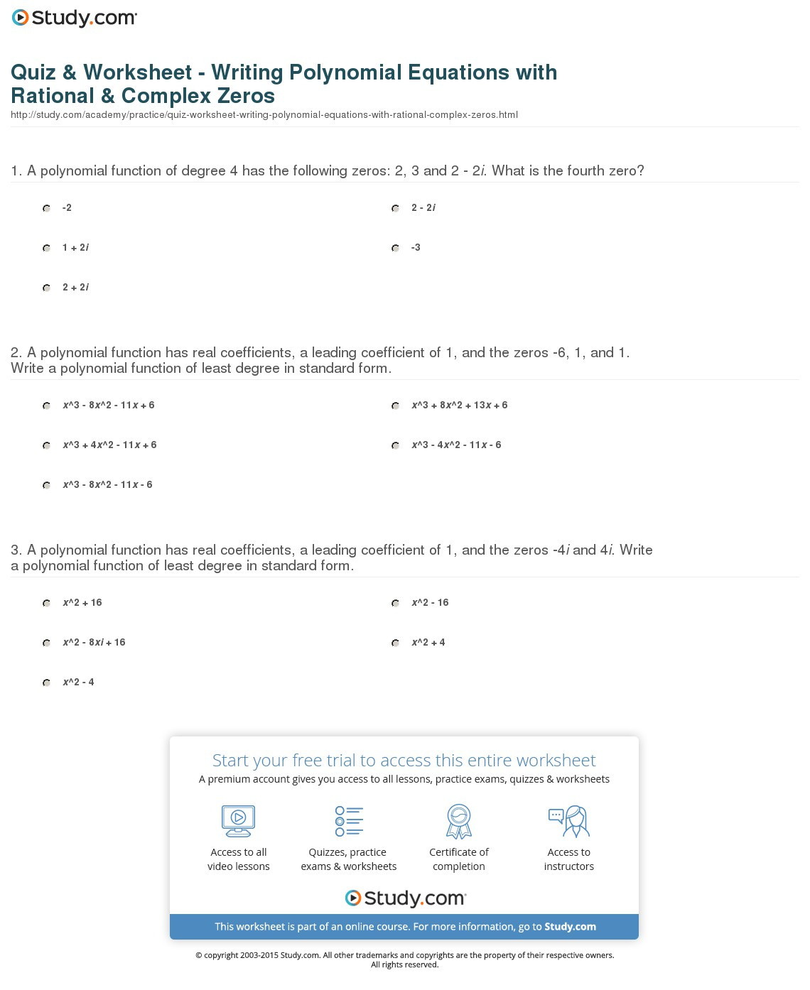 Quiz  Worksheet  Writing Polynomial Equations With