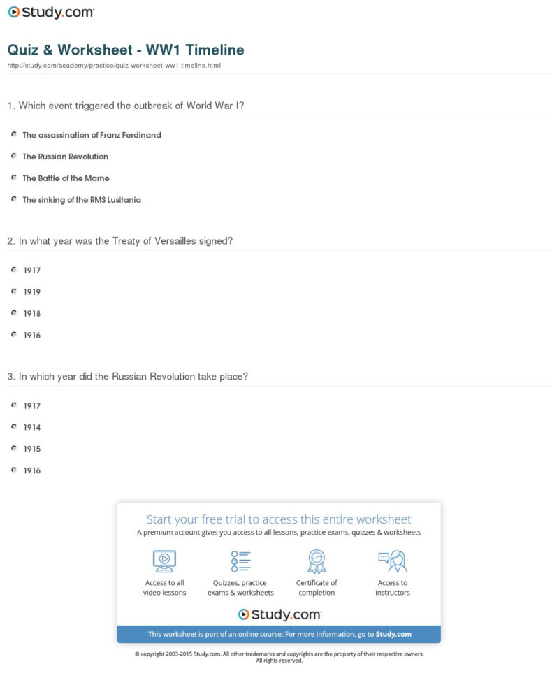 Quiz  Worksheet  Ww1 Timeline  Study