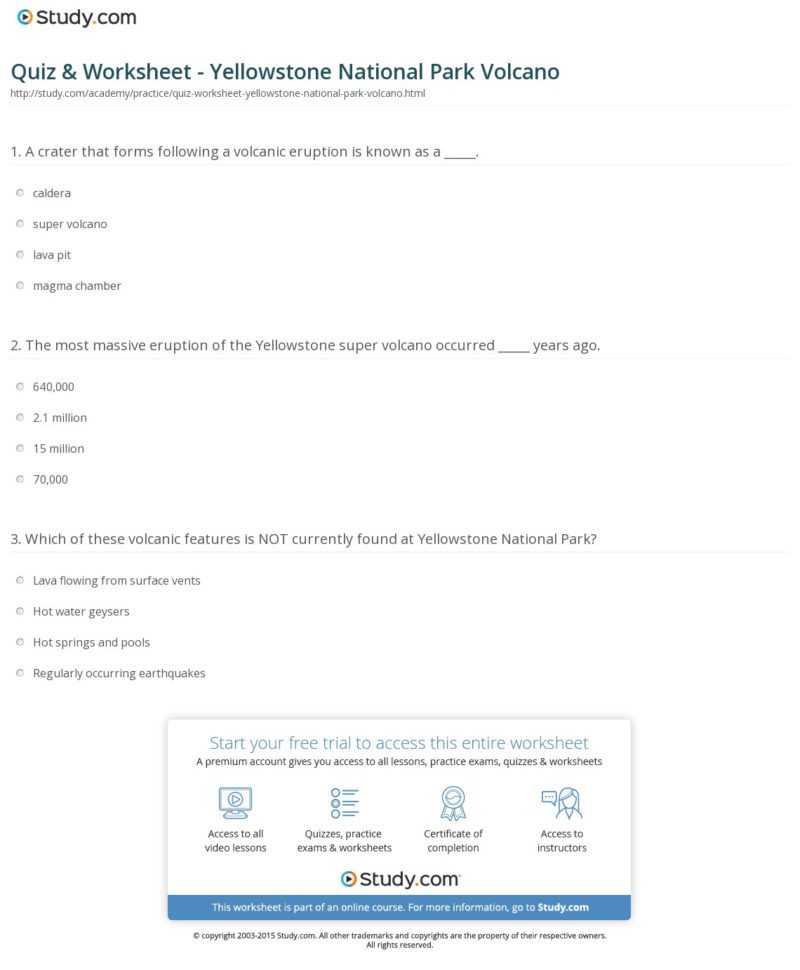 Quiz  Worksheet  Yellowstone National Park Volcano  Study