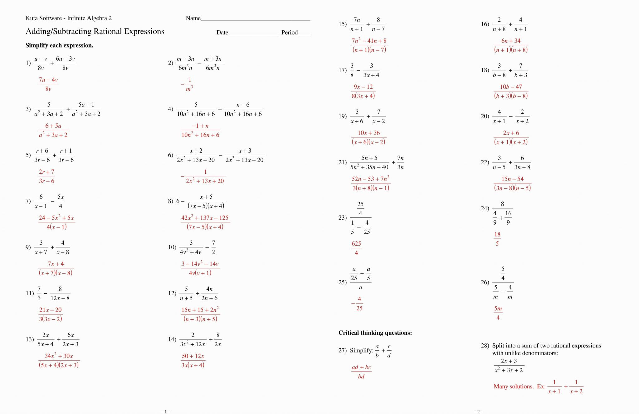 Rational Expression Worksheet Answers