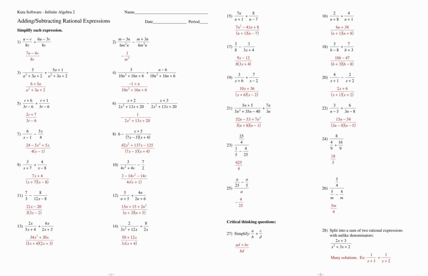 Rational Expressions Worksheet Algebra 2