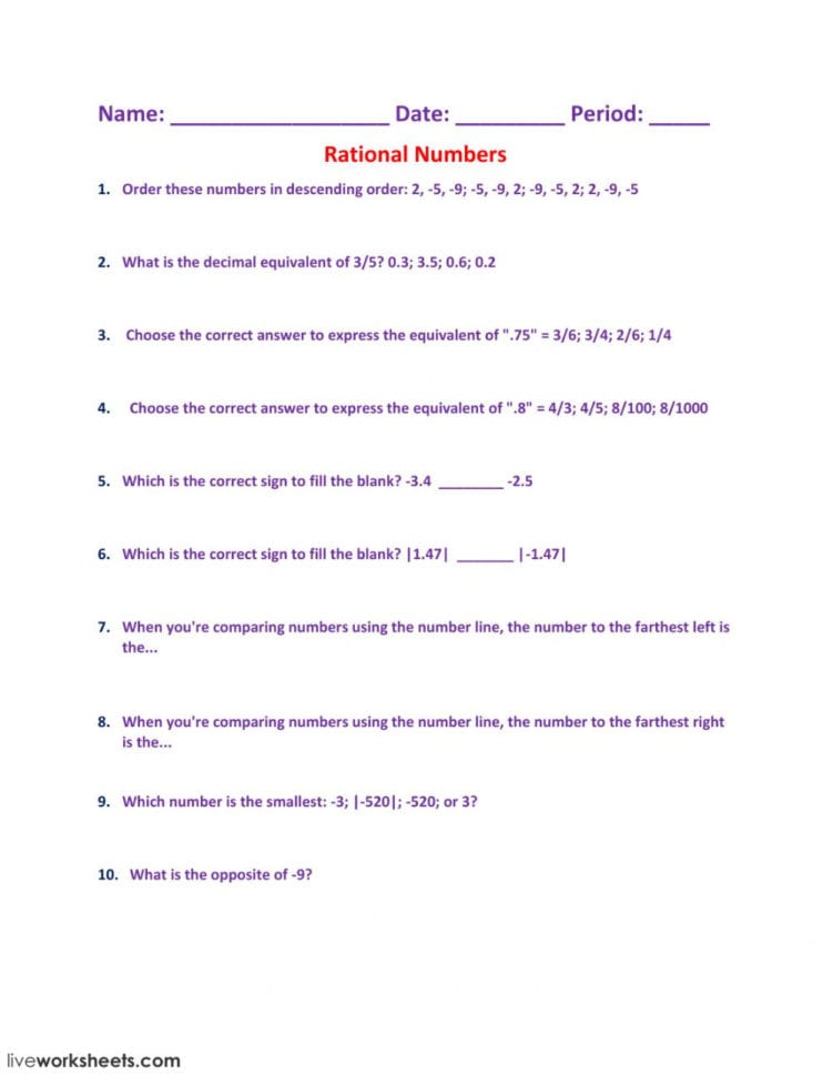 Rational Numbers Interactive Worksheet