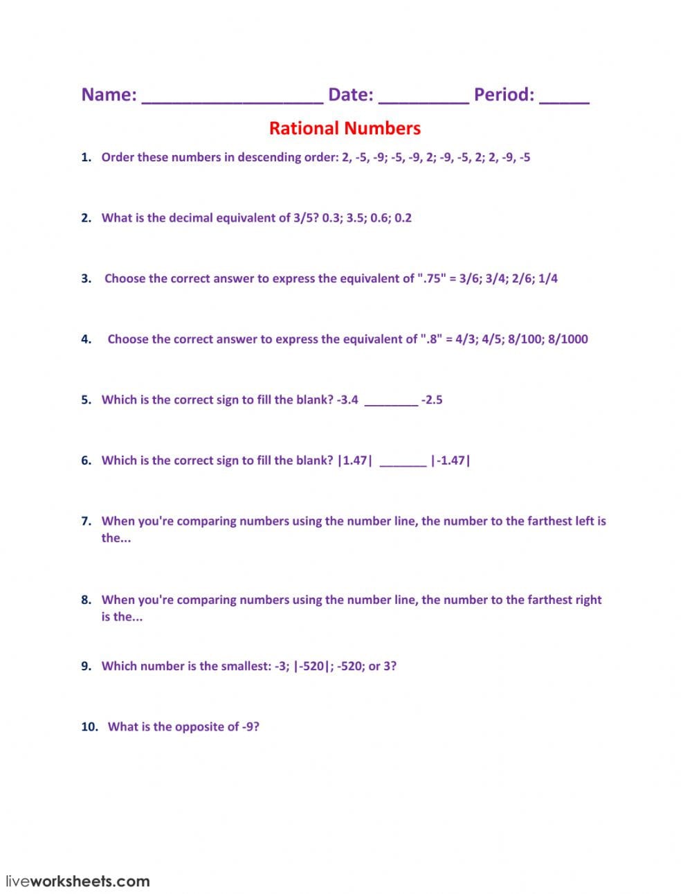 Rational Numbers Interactive Worksheet