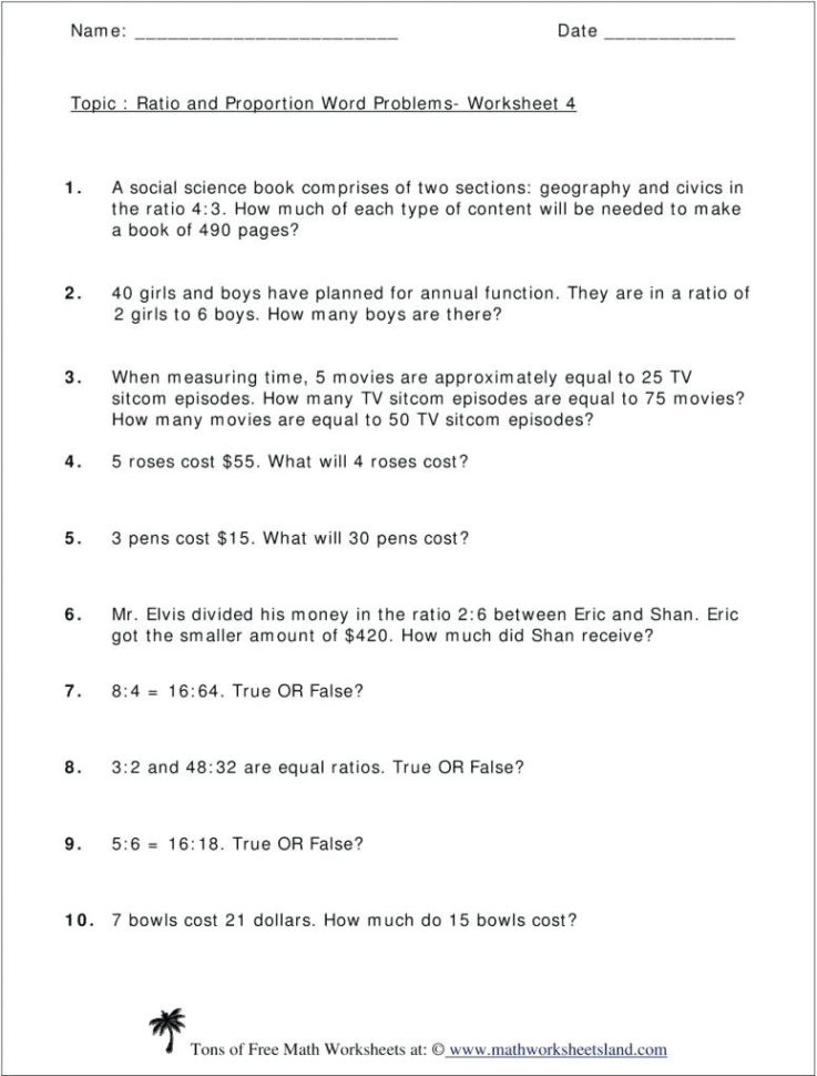 Ratios And Proportions Word Problems Worksheets Math Simple