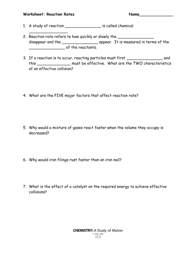 Reaction Rates Worksheet