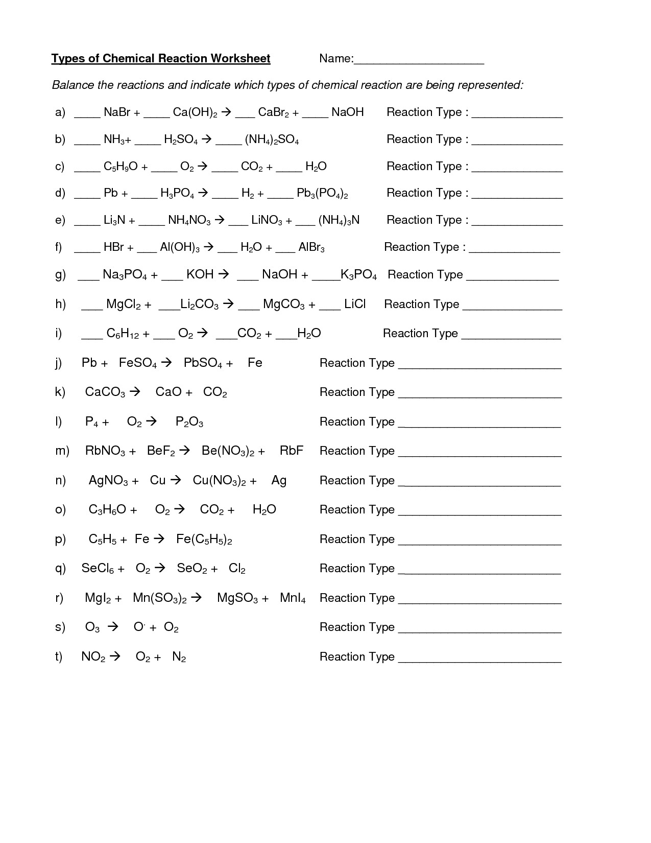 Reaction Types Worksheet Oaklandeffect Chemical Reactions