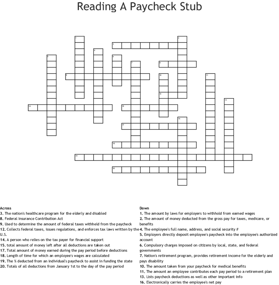 Reading A Paycheck Stub Crossword  Word