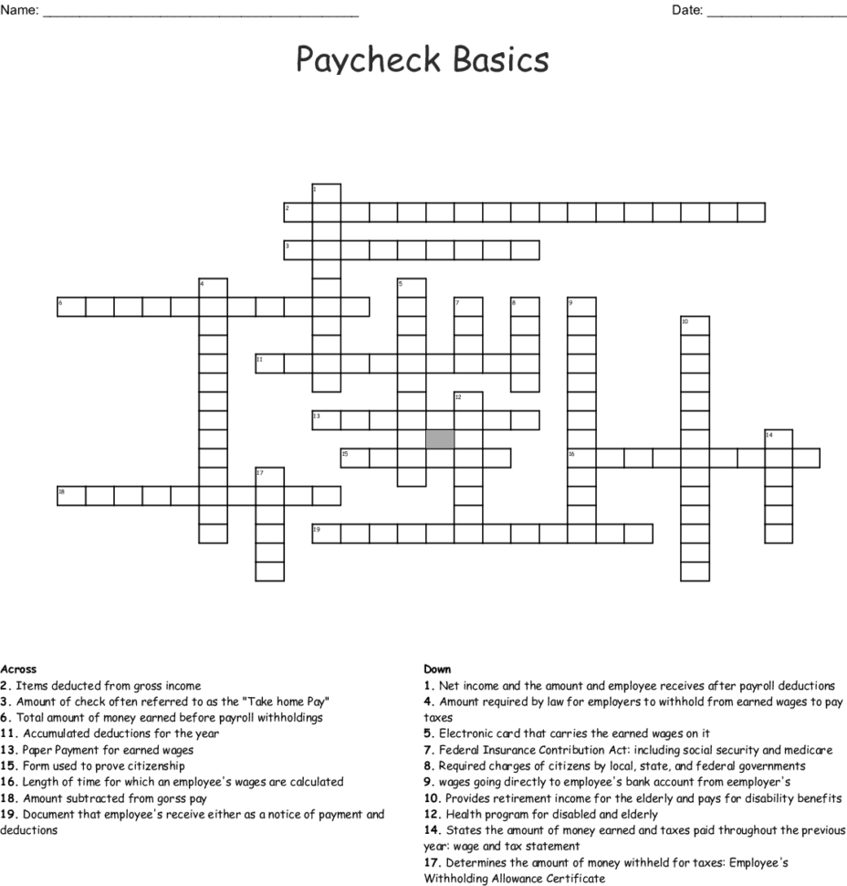 Reading A Paycheck Stub Crossword  Word