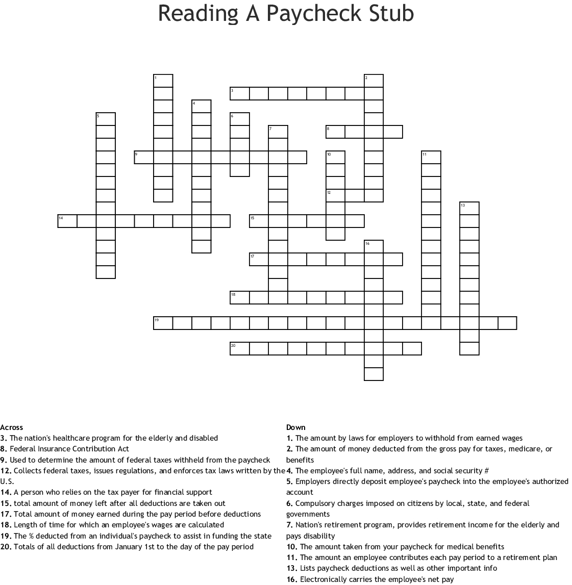 Reading A Paycheck Stub Crossword  Word